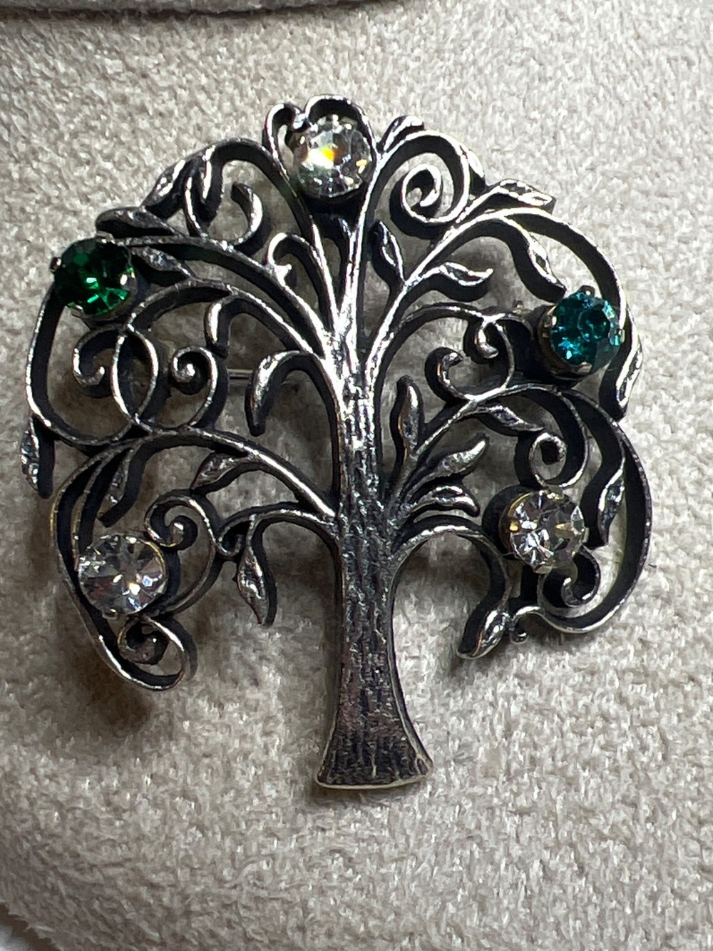 Vintage Anson Sterling Silver Tree of Life Brooch Pin Multicolored Crystals